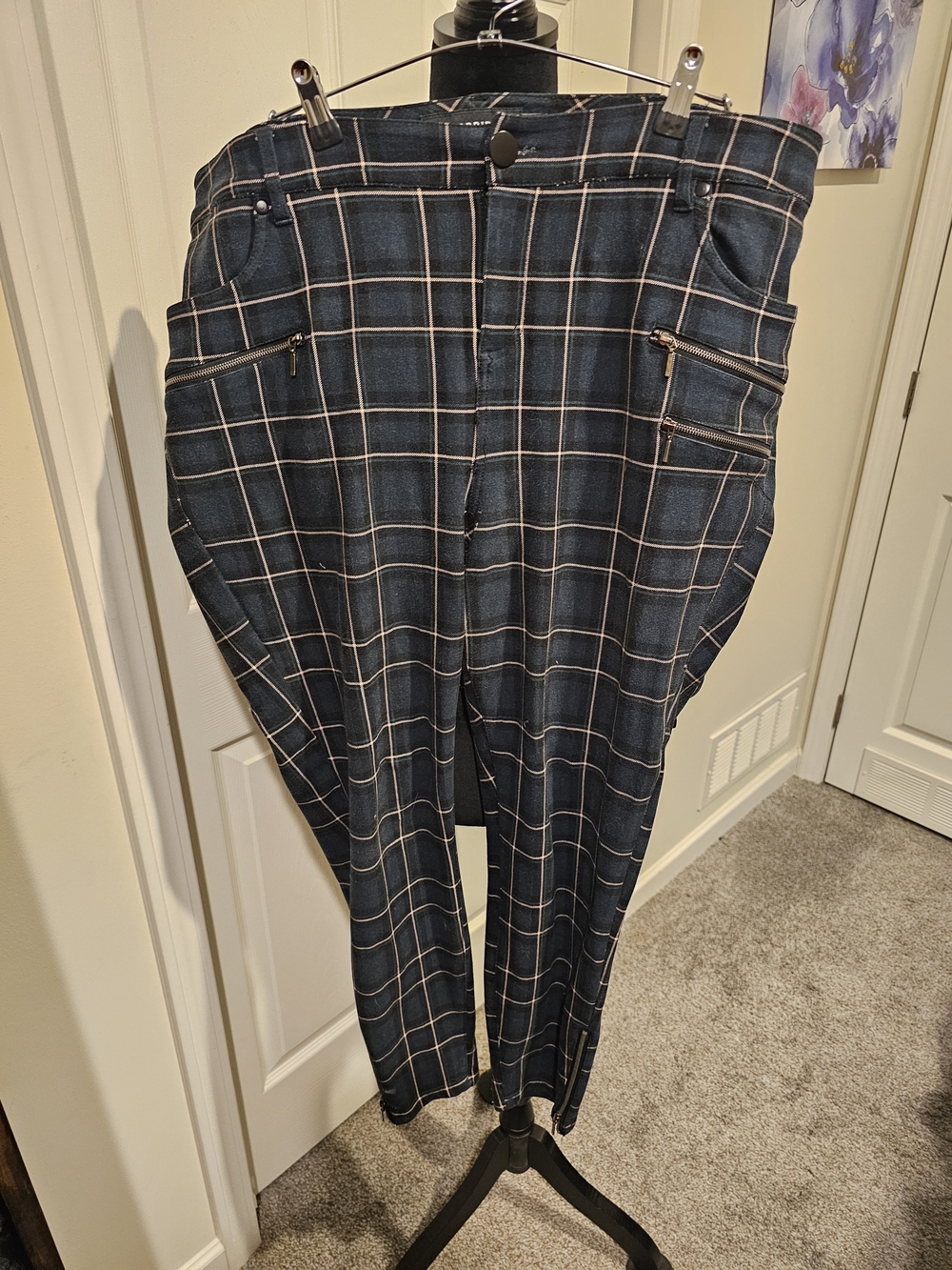 Womens Green Plaid Stretch Casual Pants